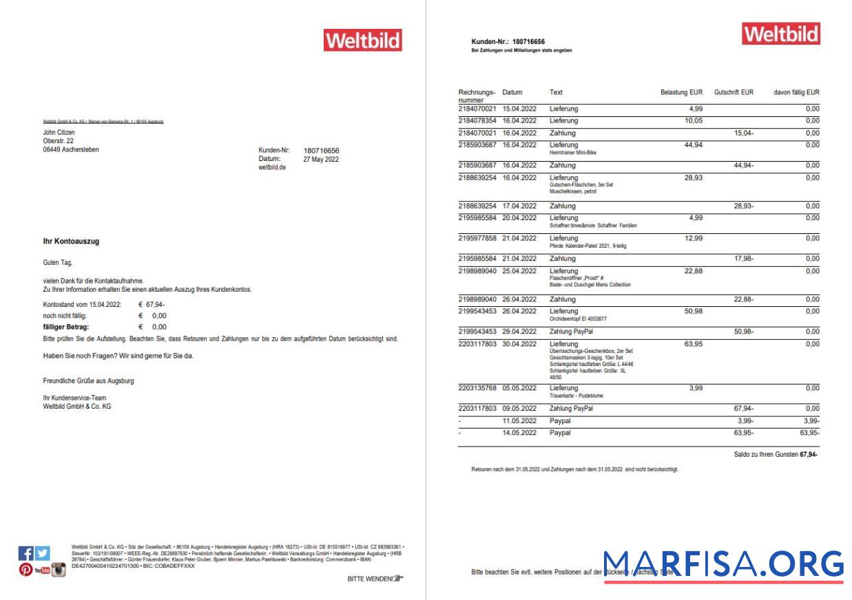 Blank Germany Weltbild bank statement word 2 pages real example